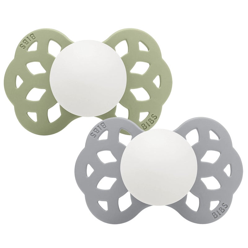 BIBS Glow in the Dark Infinity Pacifier Pack of 2 – Anatomical Silicone Size 1 Sage Glow/Cloud Glow - Image 1